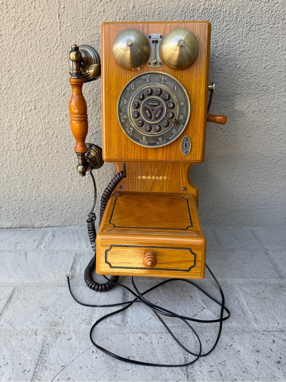 1920s style Wood-Finish Modern Replica Wall Phone in Honey Brown and Brass